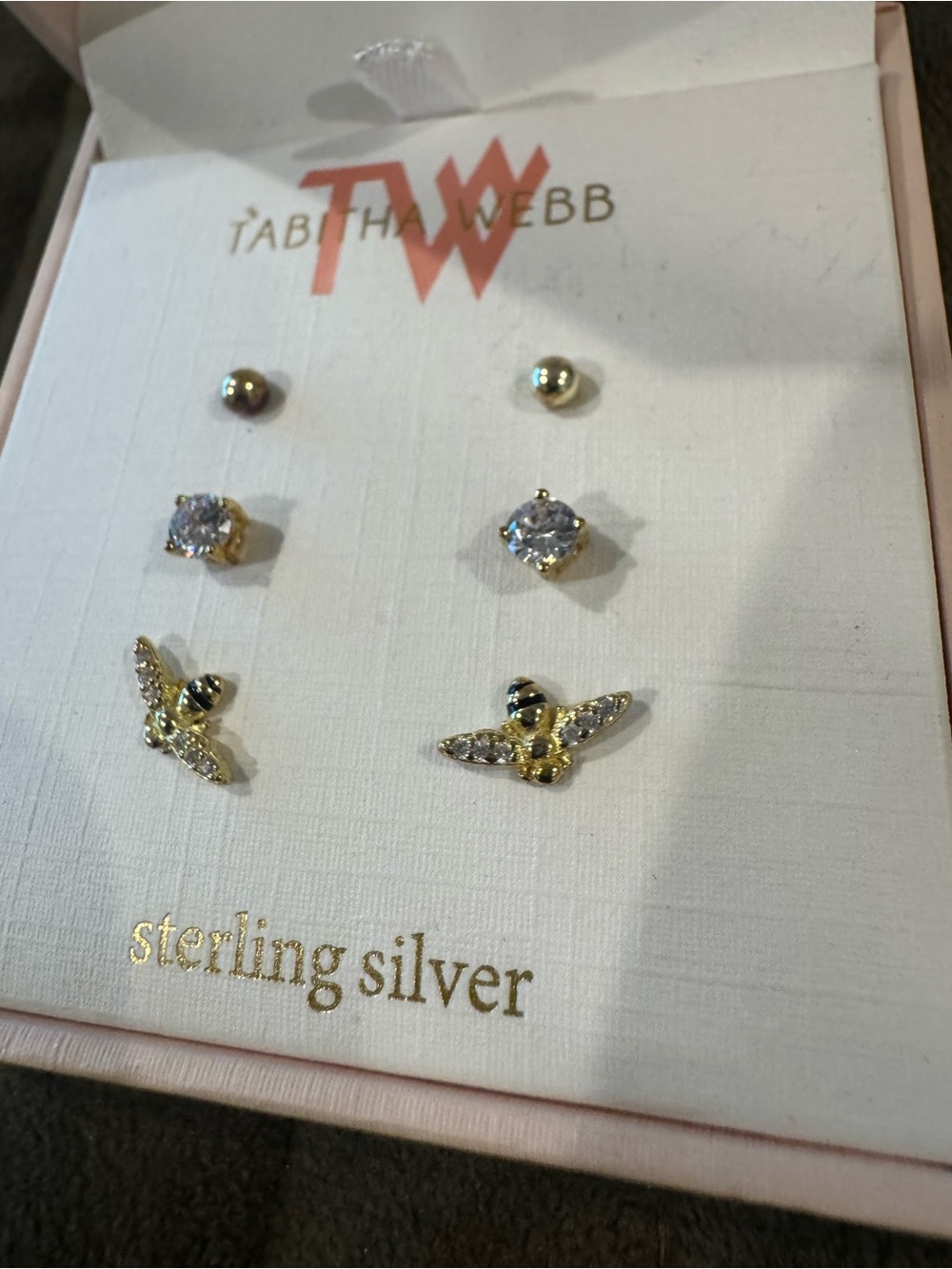 Tabitha Gold Bee & Clear Crystal Stud Earring Trio sterling silver.